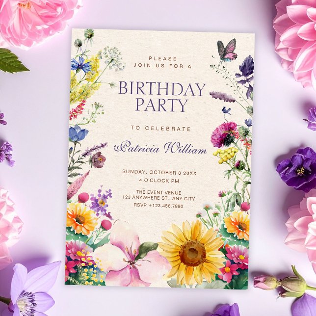 Invitation Anniversaire aquarelle florale rustique (Créateur téléchargé)