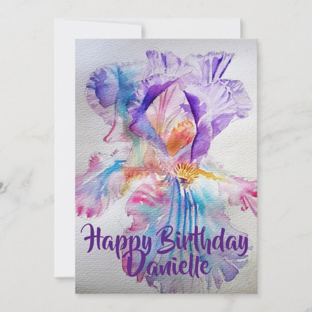 Invitation anniversaire aquarelle Iris Rose Violet (Devant)