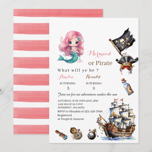 Invitation anniversaire aquarelle Sirène et Pirate (Devant / Derrière)