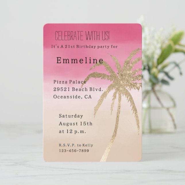 Invitation Anniversaire Arbre Palmier Tropical Or Rose Pêche (Debout devant)
