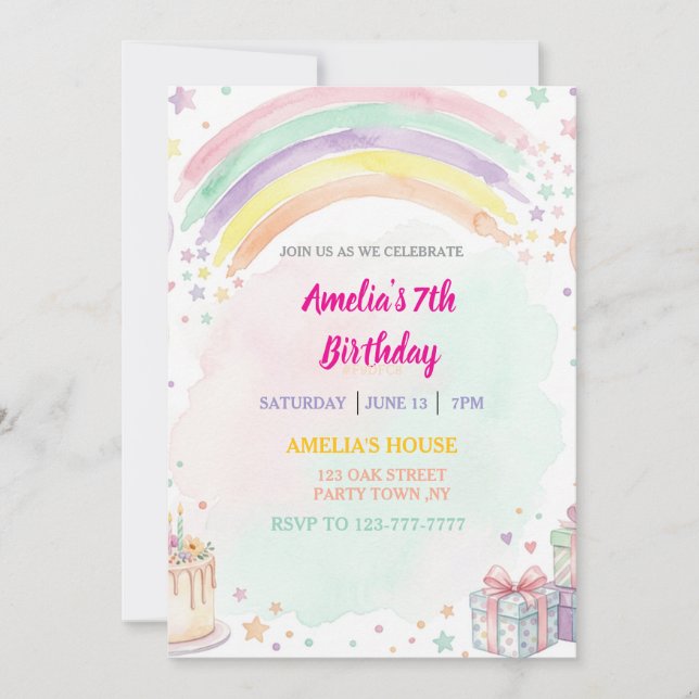 Invitation Anniversaire Arc-en-Ciel Aquarelle Pastel (Devant)