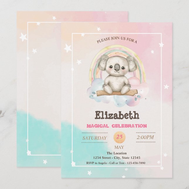 Invitation Anniversaire arc-en-ciel de koala joli adorable (Devant / Derrière)
