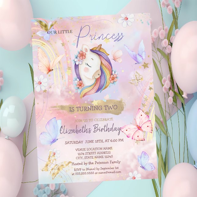Invitation Anniversaire Arc-en-ciel Papillon Licorne Princess (Créateur téléchargé)