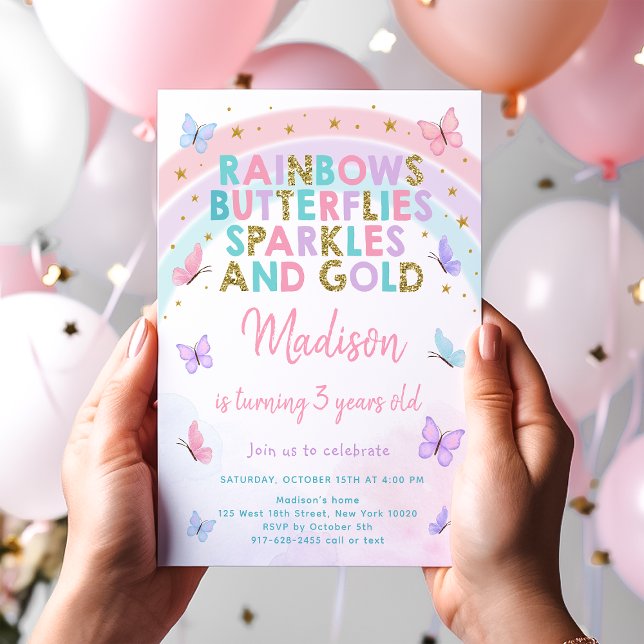 Invitation Anniversaire Arc-en-ciel Papillon Pastel (Créateur téléchargé)