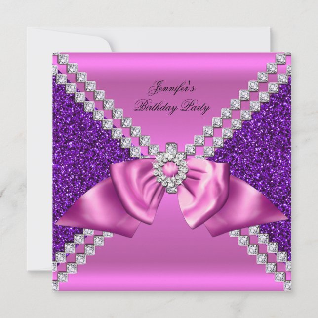 Invitation Anniversaire Arc Ruban Diamant Rose Violet Paillet (Devant)