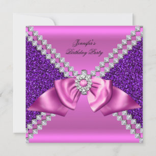 Invitation Anniversaire Arc Ruban Diamant Rose Violet Paillet