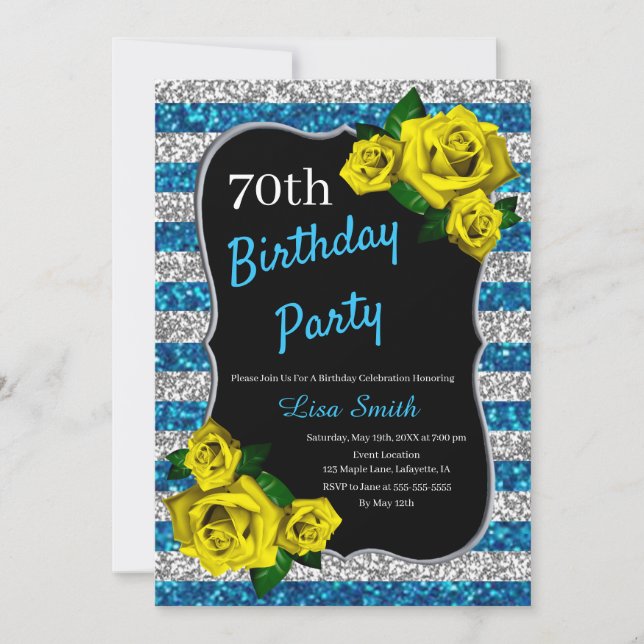 Invitation Anniversaire Argent Bleu Parties scintillant Roses (Devant)