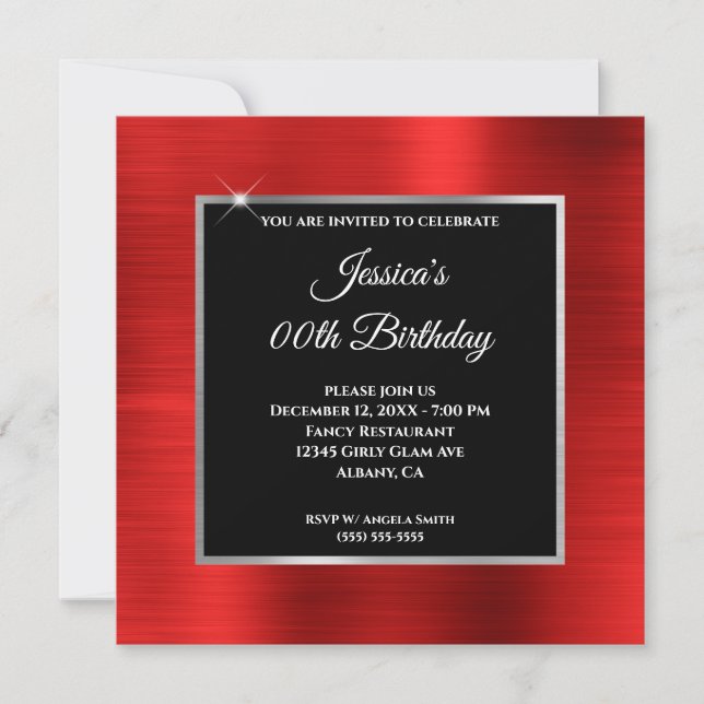 Invitation Anniversaire Argent et Noir Feuille d'Or Rouge (Devant)