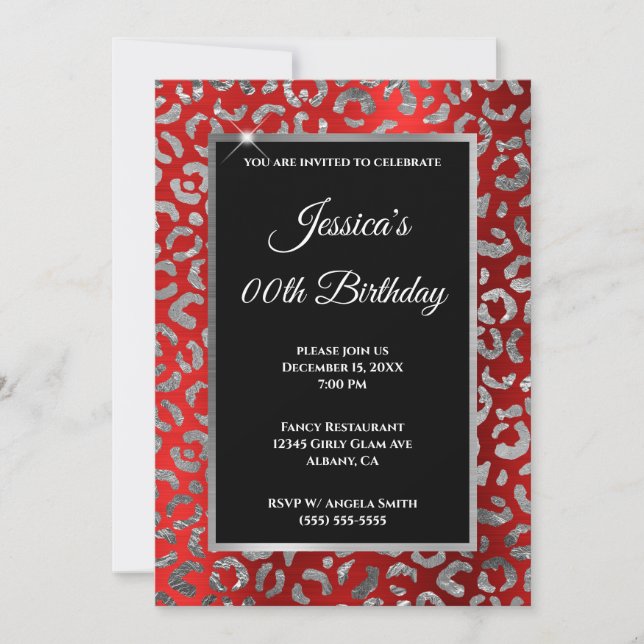 Invitation Anniversaire Argent et Rouge Léopard Feuille (Devant)