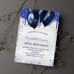 Invitation Anniversaire argent marine bleu gouttes ballons lu