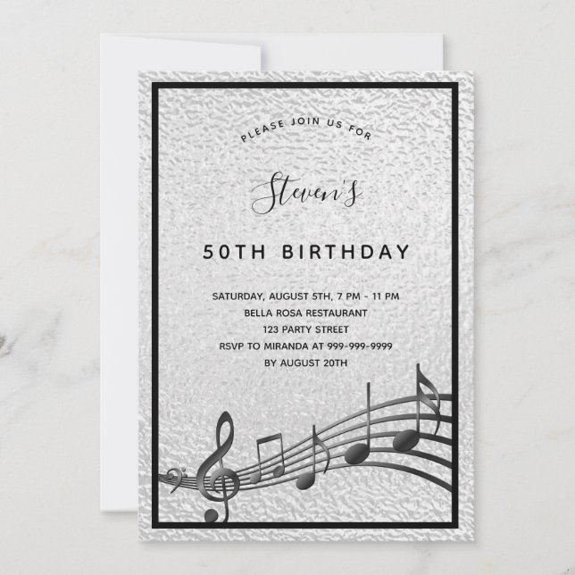 Invitation Anniversaire argent noir notes métalliques (Devant)