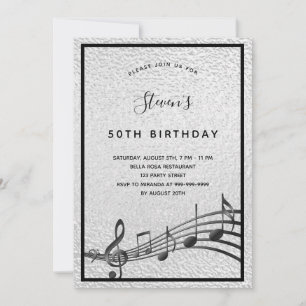 Invitation Anniversaire argent noir notes métalliques