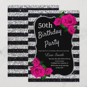 Invitation Anniversaire Argent noir Parties scintillant Roses