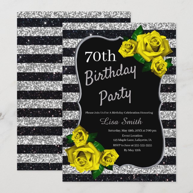 Invitation Anniversaire Argent Noir Parties scintillant Roses (Devant / Derrière)