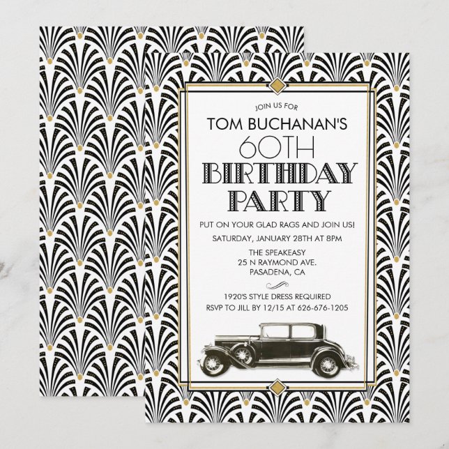 Invitation Anniversaire Art Déco Gatsby TOUT ÂGE (Devant / Derrière)