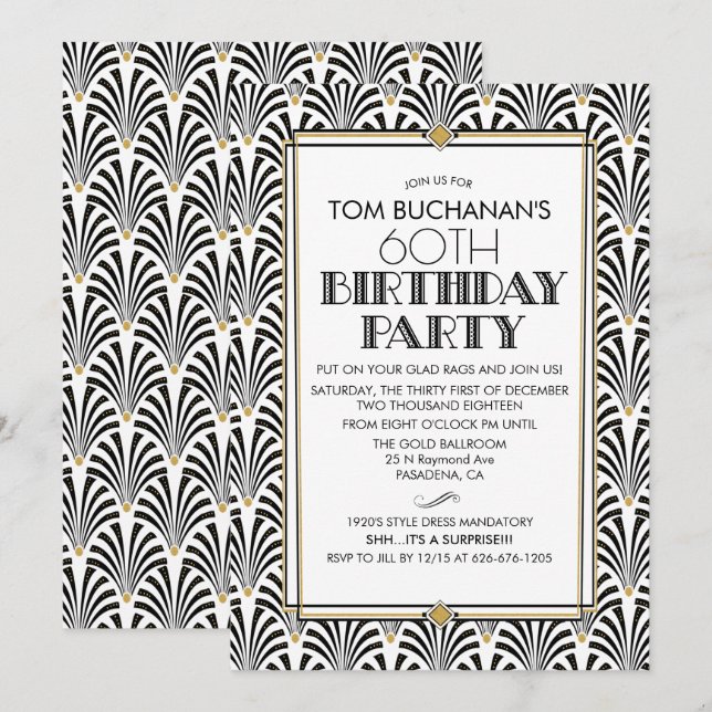 Invitation Anniversaire Art Déco Gatsby TOUT ÂGE (Devant / Derrière)