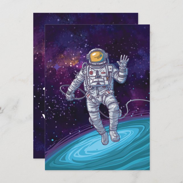Invitation Anniversaire. Astronaut dans l'espace avec étoiles (Devant / Derrière)
