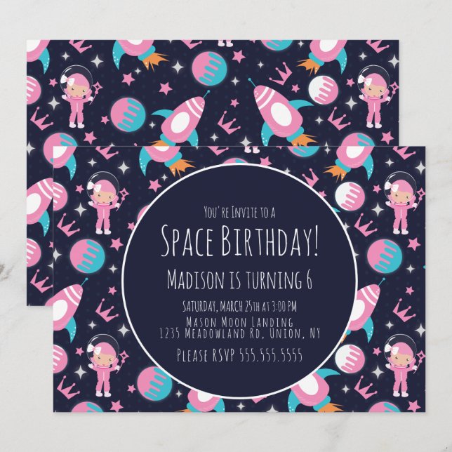 Invitation Anniversaire Astronaute Princesse Rose Galaxie Esp (Devant / Derrière)