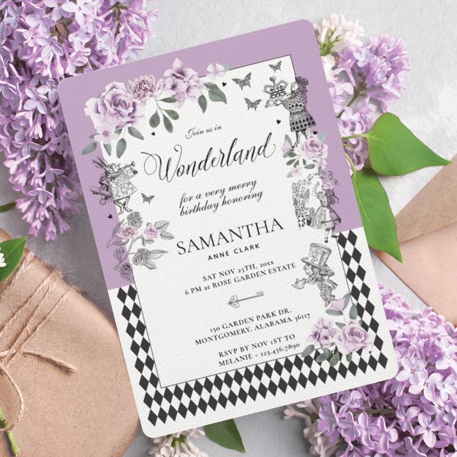 Invitation Anniversaire au pays des merveilles Chic Lilac (Birthday in Wonderland Chic Lilac Floral Fairytale Invitation)