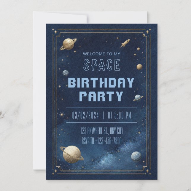 Invitation Anniversaire avec bordure de planète pointillée or (Devant)