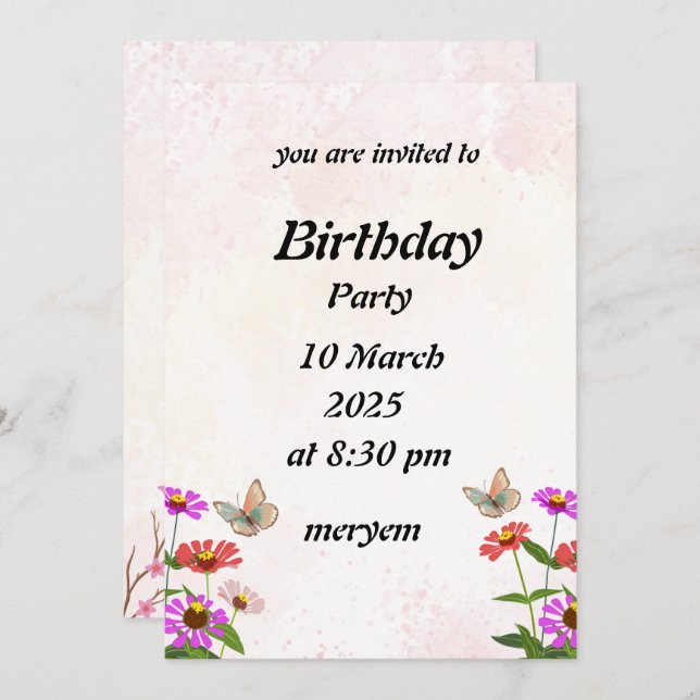 invitation anniversaire avec Floral aux papillons (Devant / Derrière)