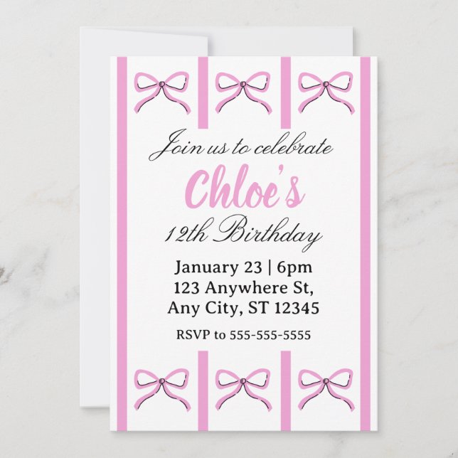 Invitation anniversaire avec un nœud rose modifiab (Devant)