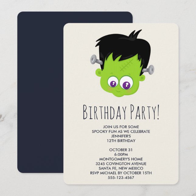 Invitation Anniversaire avec visage de monstre de Frankenstei (Devant / Derrière)