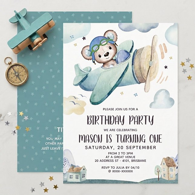 Invitation Anniversaire avion ours en peluche (Créateur téléchargé)
