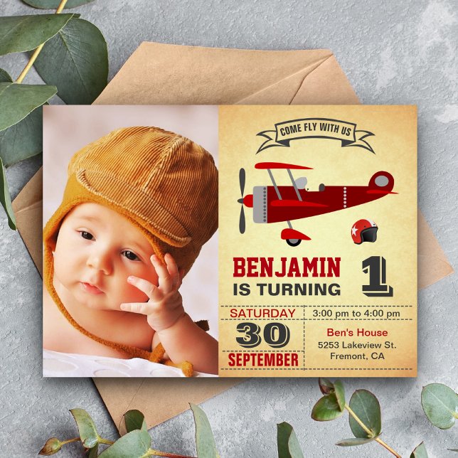 Invitation anniversaire avion rouge rétro vintage (Créateur téléchargé)