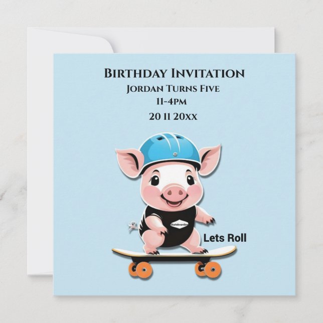 Invitation Anniversaire Baby Pig Skateboard, (Devant)