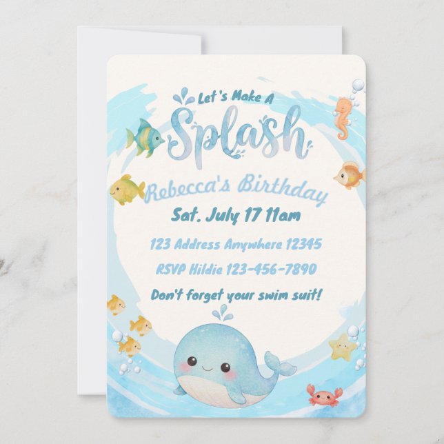 Invitation Anniversaire Baleine Vague Bleue Aquarelle (Devant)