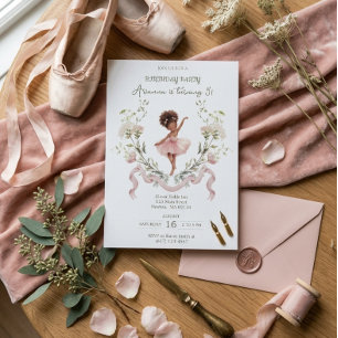 Invitation Anniversaire Ballerine Aquarelle & Ruban Rose Fant