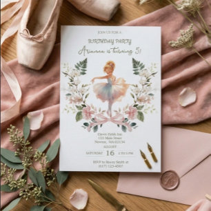 Invitation Anniversaire Ballerine Aquarelle & Ruban Rose Fant