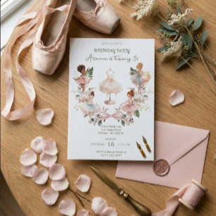 Invitation Anniversaire Ballerine Aquarelle & Ruban Rose Fant