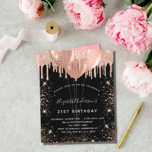 Invitation anniversaire ballons noir rose gold