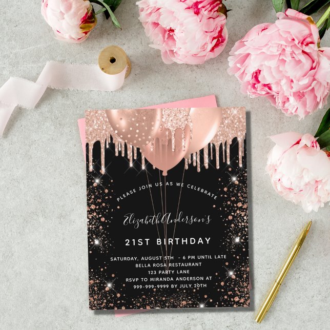 Invitation anniversaire ballons noir rose gold (Créateur téléchargé)
