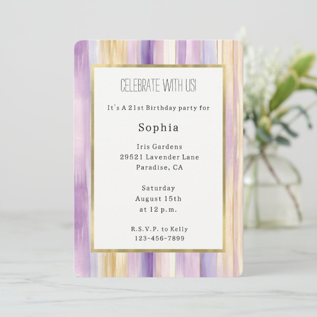 Invitation Anniversaire Bandes Or Violet Lavande (Debout devant)