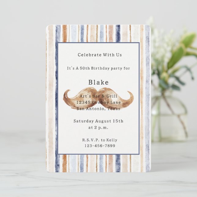 Invitation Anniversaire Barbe Moustache Rayures Marron Bleu C (Debout devant)