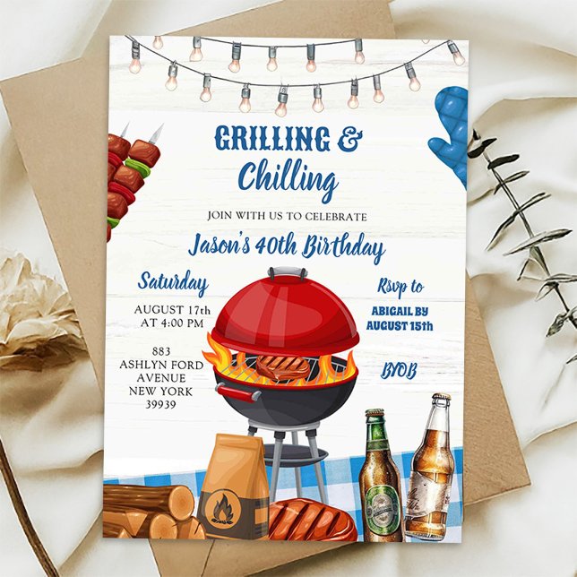 Invitation Anniversaire barbecue de jardin à carreaux bleus (Créateur téléchargé)