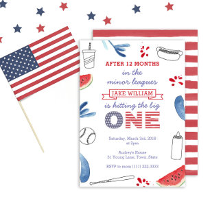 Invitation Anniversaire Baseball Rouge Blanc Bleu 1 an