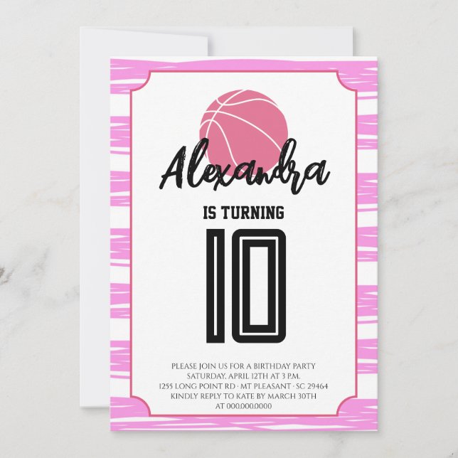 Invitation Anniversaire Basket Rayures Roses (Devant)