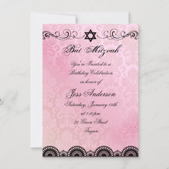 Invitation anniversaire Bat Mitzvah dentelle rose  (Devant)
