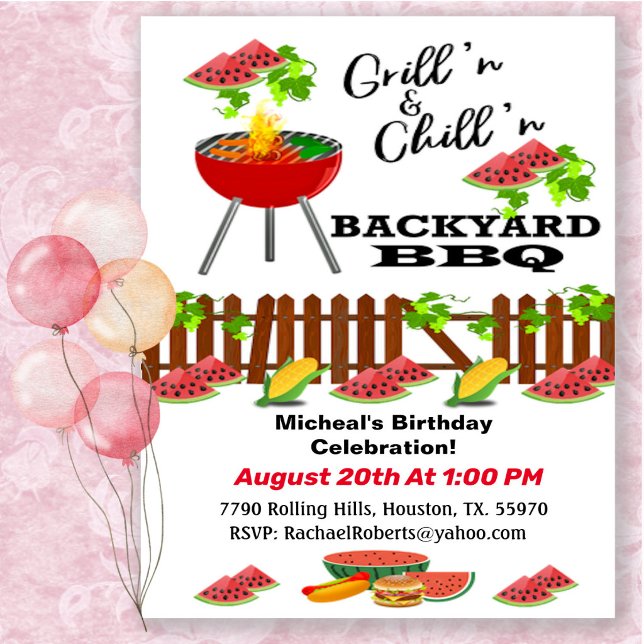 Invitation anniversaire BBQ arrière-cour Grillin & (Créateur téléchargé)