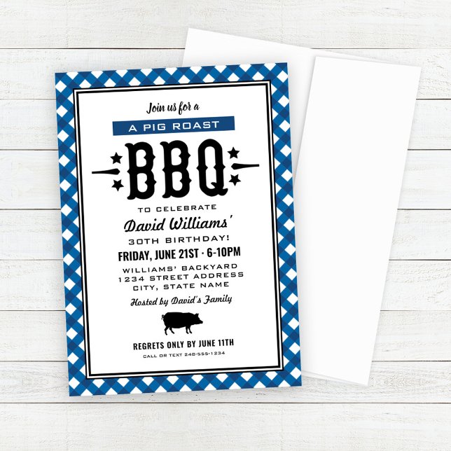Invitation Anniversaire BBQ Cochon Rôti Gingham Bleu (Créateur téléchargé)