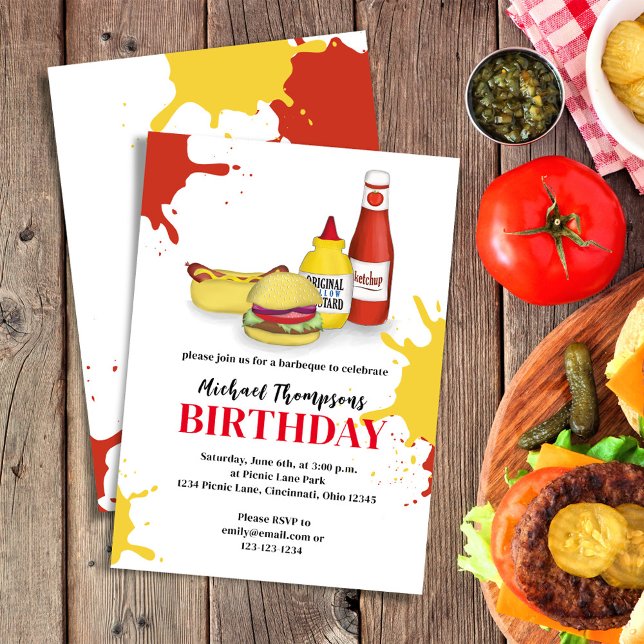 Invitation Anniversaire BBQ été fête personnalisée (Birthday invitation with hamburger, hotdog, ketchup, and mustard.)