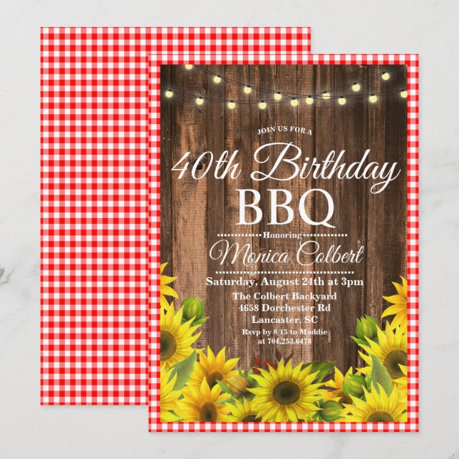 Invitation anniversaire BBQ tournesol TOUT ÂGE (Devant / Derrière)