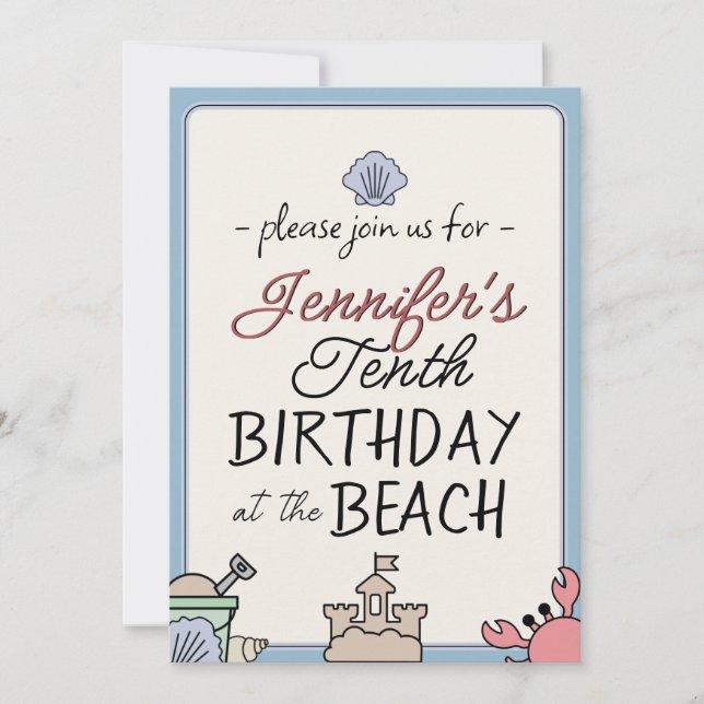 Invitation Anniversaire Beach Party Kid Cute Sandcastle Crab  (Devant)