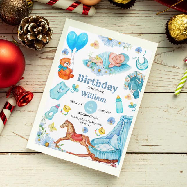 Invitation anniversaire bébé bleu adorable (Créateur téléchargé)