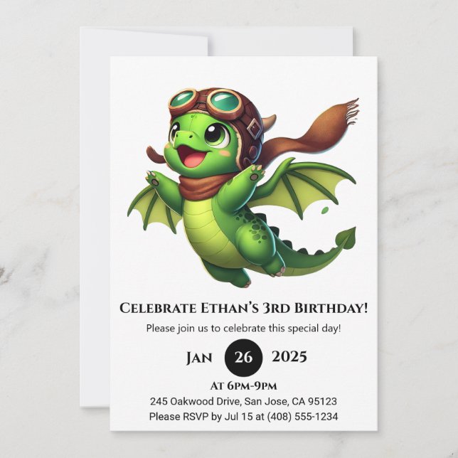Invitation Anniversaire Bébé Dragon Aviateur (Devant)