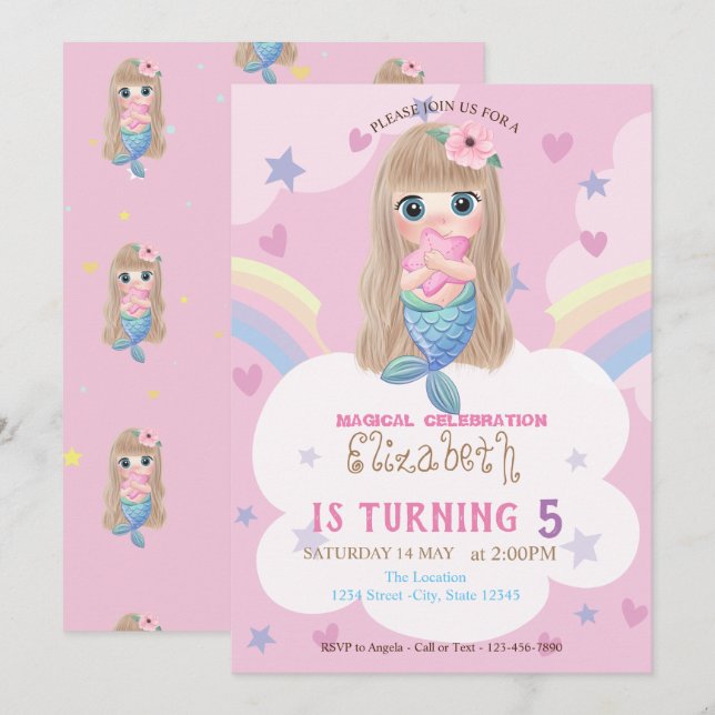 Invitation anniversaire bébé sirène étoiles arc-en (Devant / Derrière)
